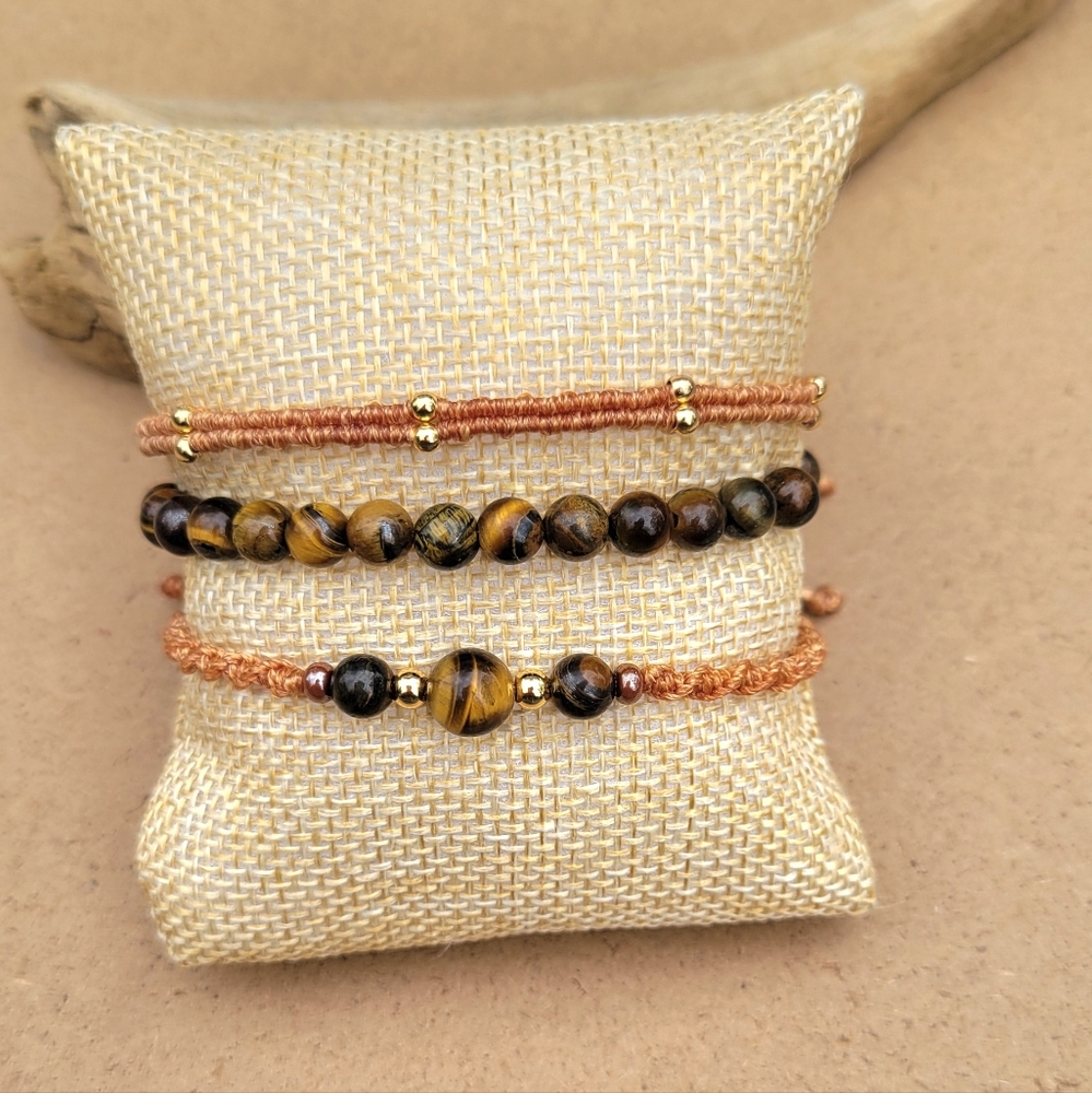Handmade Natural Tiger Eye Stone Bracelet Set Of 3 - Picture 2 of 4